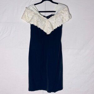 Vintage Collections Black Cocktail Dress With Floral Lace Shawl Neckline 10